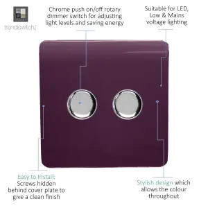 Trendi Switch 2 Gang 1 or 2 way 150w Rotary LED Dimmer Light Switch in Plum