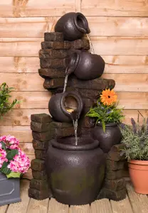 Primrose York 3-Tier Cascading Jars Garden Outdoor Water Feature Fountain & Planter with Lights H120cm