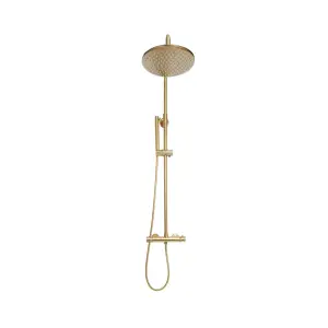 Brushed Brass Thermostatic Rigid Riser Shower Kit Diamond Cut Handles