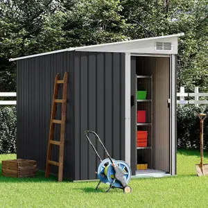 Charcoal Black Garden Metal Pent Roof Furniture Storage Tool Shed with Sliding Door