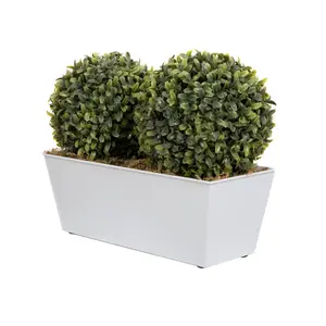 GreenBrokers Artificial Double Ball Boxwood in White Tin Window Box 35cm/14in