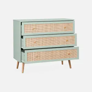 sweeek. 3-drawer chest with wood and cane effect Boheme Celadon Green 90x39x79 cm