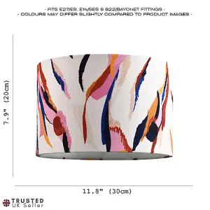 Abstract Feather Linen Fabric Drum Lamp Shade with Vivid Multi-Coloured Strokes