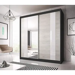 Sophisticated Black Matt Multi Sliding Door Wardrobe W203cm H218cm D61cm - Kathult Oak & White Gloss Front