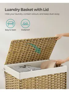 SONGMICS Laundry Basket, 105L Synthetic Rattan Storage Basket With Lid And Handles, Wicker, Foldable, Removable Liners