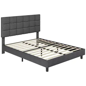 Yaheetech Dark Grey 4ft6 Double Upholstered Bed Frame with Square Tufted Adjustable Headboard and Wooden Slats Support