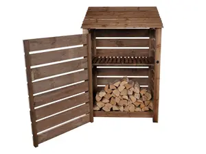 Slatted wooden log store with door and kindling shelf W-119cm, H-180cm, D-88cm - brown finish