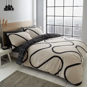 Linear Curve Geometric Reversible Duvet Cover Set with Pillowcases Black / Double Duvet Cover + 2 Standard Pillowcases