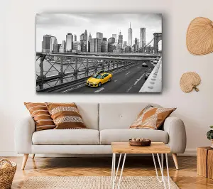 New York On The Bridge Yellow Cab Canvas Print Wall Art - Medium 20 x 32 Inches