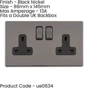 2 Gang Double DP 13A Switched UK Plug Socket SCREWLESS BLACK NICKEL Wall Power