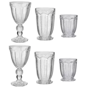 Set of 6 Vintage Luxury Drinking Clear Embossed Wine Glass Wine Goblets, Tall & Short Drinking Glass Whiskey Glass Tumblers