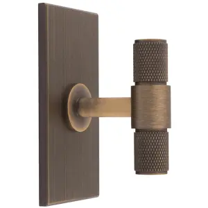 Knurled T Bar Cabinet Door Knob & Matching Backplate - Antique Brass 76 x 40mm