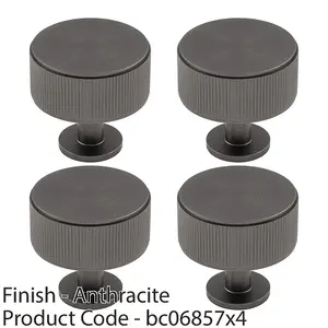 4 PACK - Lined Reeded Radio Door Knob - 35mm - Anthracite Grey Round Cabinet Pull Handle