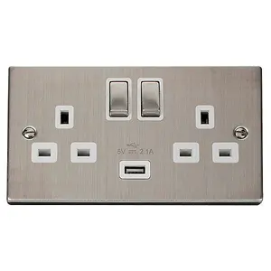 Stainless Steel 2 Gang 13A DP Ingot 1 USB Twin Double Switched Plug Socket - White Trim - SE Home