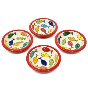 Signature Coloured Fish Hand Painted Ceramic Set of 4 Tapas Bowls Red Rim (Diam) 10cm