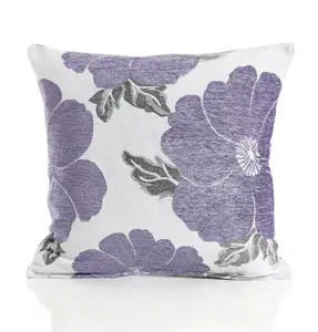 Poppy 55cm x 55cm Luxury Floral Chenille Cushion Purple/Grey