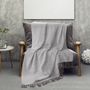 EHC Wave Large Cotton Throw With Tassels Perfect Layer For Sofa, Bed, Armchair and Couch 150 X 200 cm, Grey