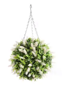 Pair of Best Artificial 28cm White Lush Lavender Hanging Basket Flower Topiary Ball - Weather & Fade Resistant