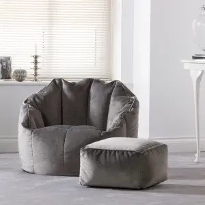 icon Sirena Scallop Chair Bean Bag and Footstool Charcoal Grey Velvet Bean Bags