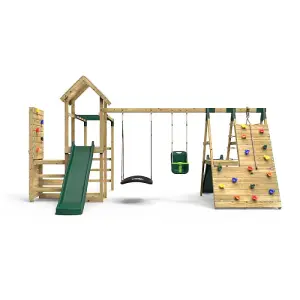 Rebo Wooden Climbing Frame with Vertical Rock Wall, Swing Set and Slides - Cairngorm+