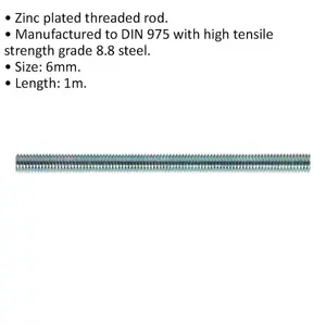 5-Pack M6 x 1mm Threaded Studding Rods - Grade 8.8 Zinc Plated DIN 975