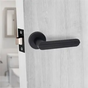 5 Pair Modern Lima Design Matt Black Premium Door Handles Round Rose 3" Ball Bearing Hinges and 2.5" Tubular Latch - Golden Grace