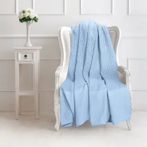 EHC Cotton Soft Hand Woven Reversible Lightweight Light Blue Adult Cellular Blanket, Single 180 x 230cm