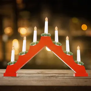 7 LED Wooden Christmas B/O Candle Bridge - Red