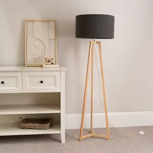 ValueLights Lottie Natural Wood Tripod Floor Lamp with Charcoal Grey Boucle Drum Shade