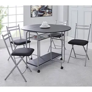 Greenhurst Stowaway Dining Set, Black Drop Down Table with Silver Frame, Four Folding Chairs Stack Underneath, Compact Footprint