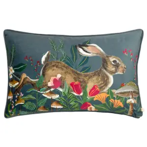 Wylder Wild Garden Leaping Hare Velvet Piped Polyester Filled Cushion