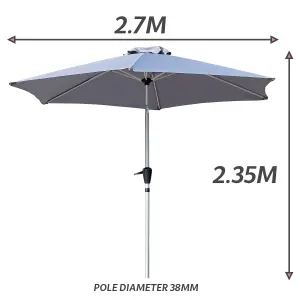 GlamHaus Tilting Garden Parasol Table Umbrella 2.7M with Crank Handle, UV40 Protection, Free Protection Cover - Light Grey