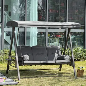 Outsunny 3 Seat Garden Swing Chair Patio Steel Swing Bench w/ Cup Trays Grey