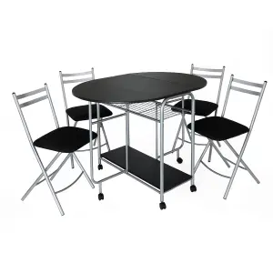 Greenhurst Stowaway Dining Set, Black Drop Down Table with Silver Frame, Four Folding Chairs Stack Underneath, Compact Footprint