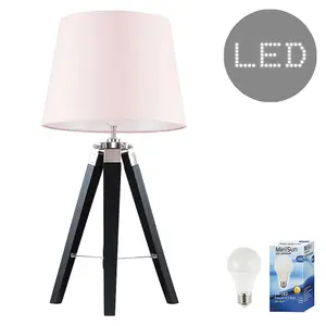 ValueLights Clipper Black Wood and Silver Chrome Tripod Table Lamp with Pink Tapered Light Shade - Complete with 6w LED Bulb