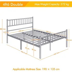 Yaheetech Silver 4ft6 Double Metal Bed Frame with Slatted Headboard and Footboard