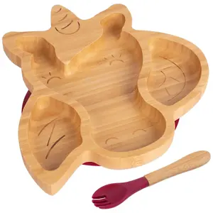 Bamboo Unicorn Baby Weaning Plate & Fork Set - Red