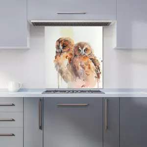 Loving Tawny Owls Watercolour Premium Glass Kitchen Splashback W700mm x H750mm