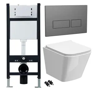 Bubly Bathrooms™ White Rimless Square Wall Hung Toilet Pan, Seat & 1.13m Concealed Cistern Frame - Gunmetal