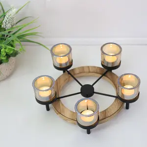 Tea Light Holder 5pc Amber Candle Jars with Round Tealight Wooden Stand Decor