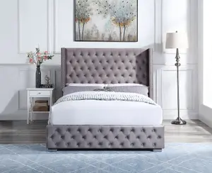 Brushed Velvet Upholstered King Bed Frame With Tall Winged Headboard