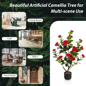 Costway Artificial Camellia Tree Faux Flower Plant Pot Artificial Tree W/ 24 Red Flowers