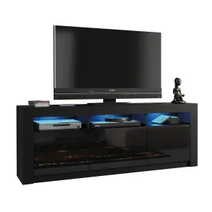 Shine TV Unit 160cm Black with High Gloss Doors and LED Lighting - Creative Furniture