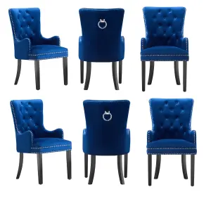 Set of 6 Windsor Knocker Back Dining Chairs Velvet Dining Room Chair w/ Armrest, Blue