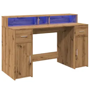 Berkfield Desk with LED Lights Artisian Oak 140x55x91 cm Engineered Wood