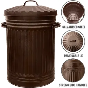 Metal Bin Retro Dustbin Waste Rubbish Bin Ideal Animal Feed Outdoor or Indoor Bin, Straight Sided Bronze Bin 45L