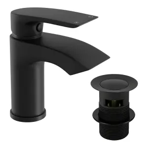 Bubly Bathrooms™ Bathroom Luxury Waterfall Black Matt Basin Sink Mono Mixer Single Lever Tap & Waste