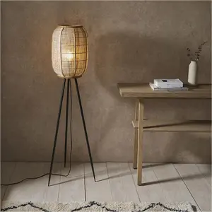 Standing Floor & Table Lamp Set - Bamboo Natural Linen Fabric Shade - Matt Black Metal Leg