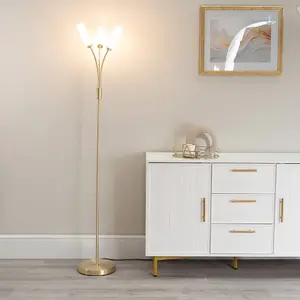 ValueLights Maya 3 Way Curved Arm Brushed Gold Floor Lamp for Living Room Lounge Hallway Light