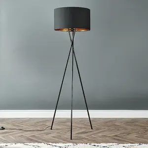 Modern Gloss Black Metal Tripod Floor Lamp with a Black/Gold Cylinder Drum Shade